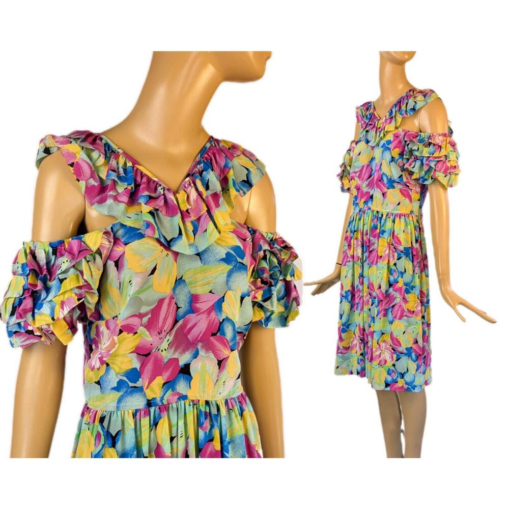 Vintage 1980s Diane Dickinson Silk Ruffle Sleeve Floral Cocktail Dress Sz S